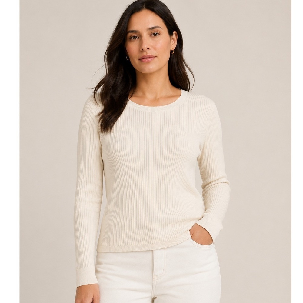 J.Crew Womens Ribbed Crewneck Sweater S Cream Ivory Neutral Minimalist Classic